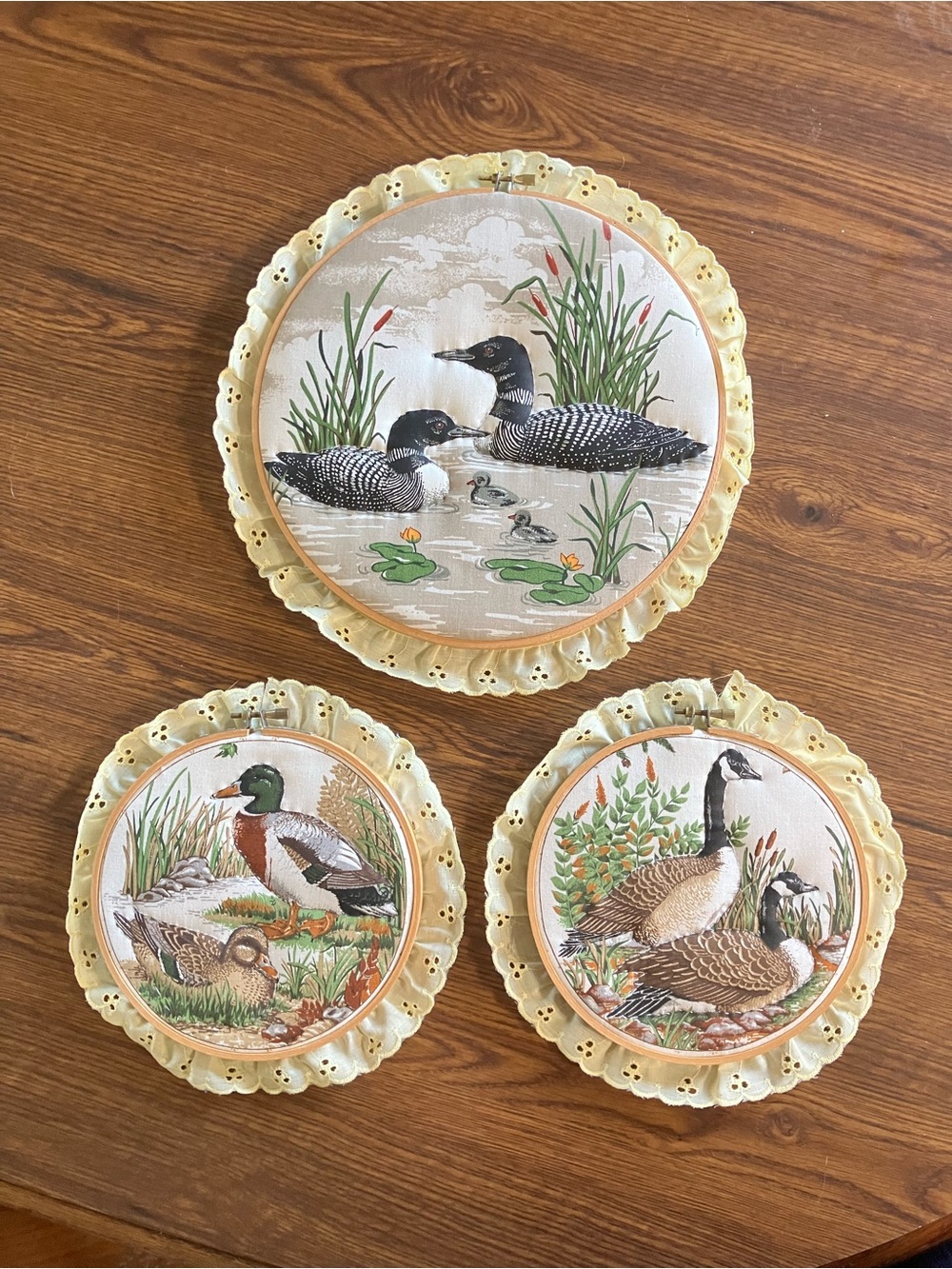 Set of 3 Homemade Embroidered Waterfowl Decorative Hangings in Cream and Tan